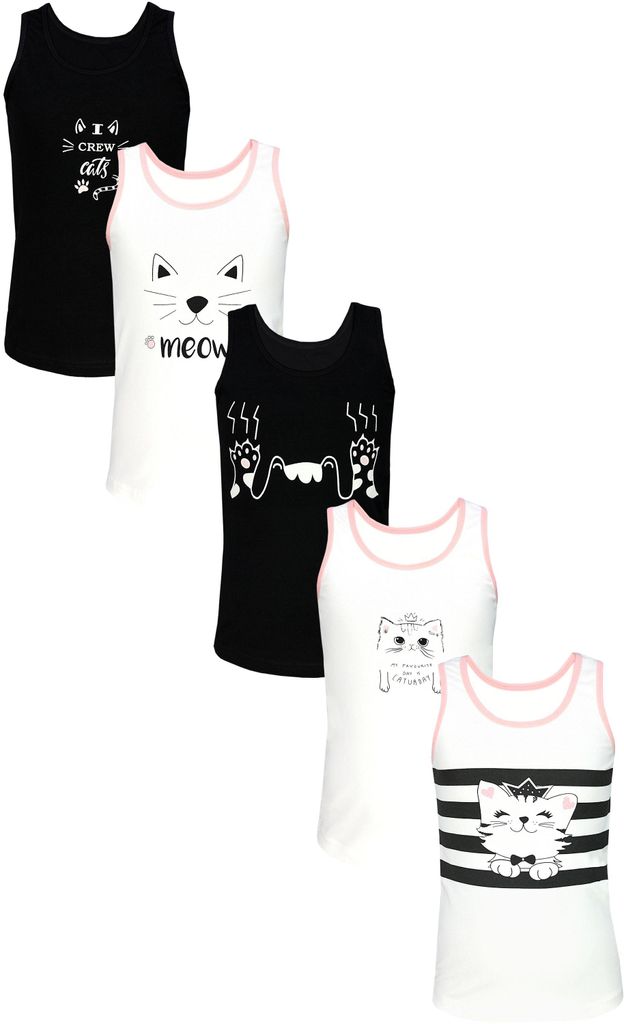 TupTam Unterhemden Mädchen Baumwoll Unterhemd 5er Pack Tank Top Ärmellos Kinder, Farbe: Katzen Creme Schwarz, Größe: 110-116