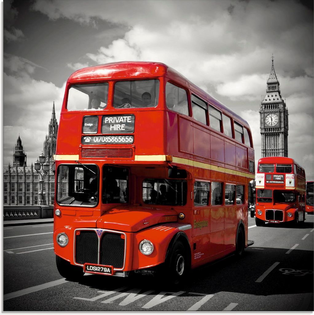 ARTland Glasbild Houses of Parliament & Red Buses Größe: 30x30 cm
