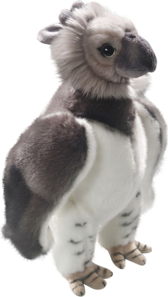 A plush toy of a harpy eagle is shown against a white background.