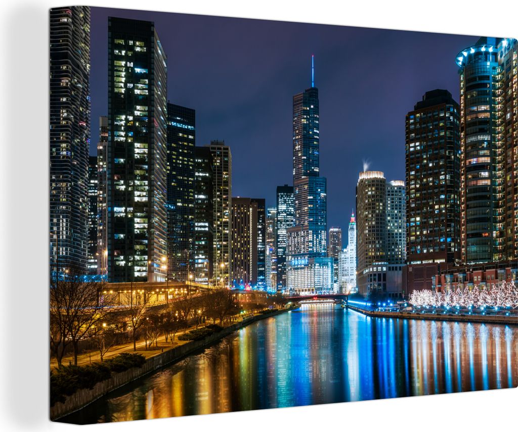 OneMillionCanvasses - Leinwandbilder - 140x90 cm, Das Trump International Hotel and Tower entlang des Chicago River bei Nacht, Wandbilder Kunstdr...