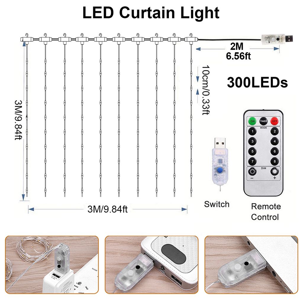 LED Lichtervorhang 3x3m Warmweiß 8 Lichtmodi USB Produktbild 7
