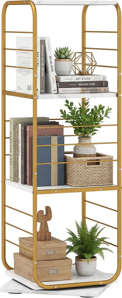 COSTWAY 4-stöckiges Bücherregal, 360° Standregal Bücherturm mit Metallrahmen, Büroregal, Dekoregal, Aufbewahrungsregal, Gold & Weiß, 40x40x11...