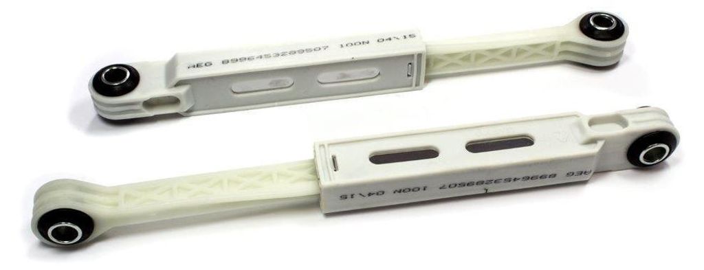 Two white shock absorbers are shown against a white background.