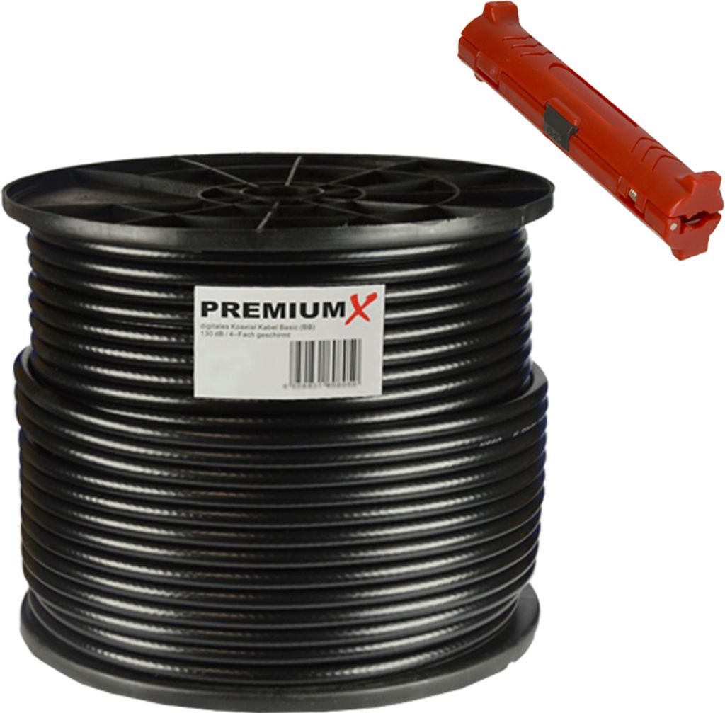 PremiumX 100m BASIC Koaxialkabel schwarz 135dB SAT Kabel Entmanteler