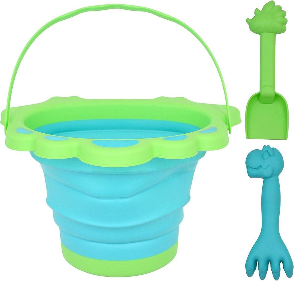 ProBeach Faltbarer Sandeimer „Dinosaurier“ mit Schaufel & Harke – Grün, , robust, ideal für Strand & Sandkasten