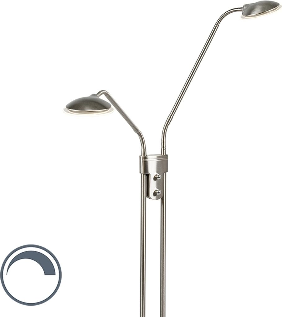 QAZQA - Moderne Stehleuchte mit Leseleuchte I Stehlampe I Standleuchte I Lampe I Leuchte Stahl I Silber I nickel matt mit Leselampe inkl. LED - Eva...