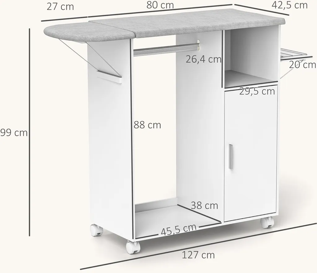 Table à Repasser avec Étagère Réglable et Support Fer à Repasser Blanc