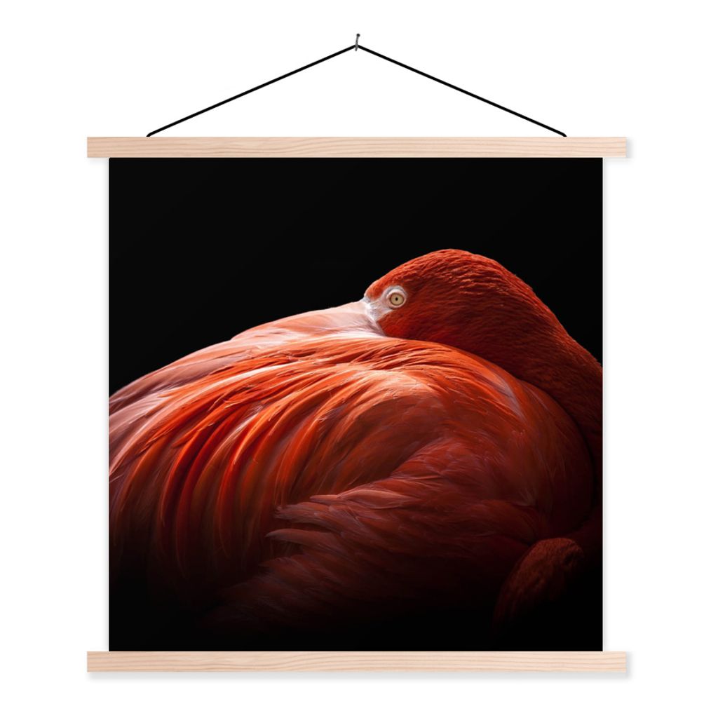 MuchoWow Textilposter Flamingo - Federn - Rosa 40x40 cm mit holzfarbenen Rahmen - Posterleiste