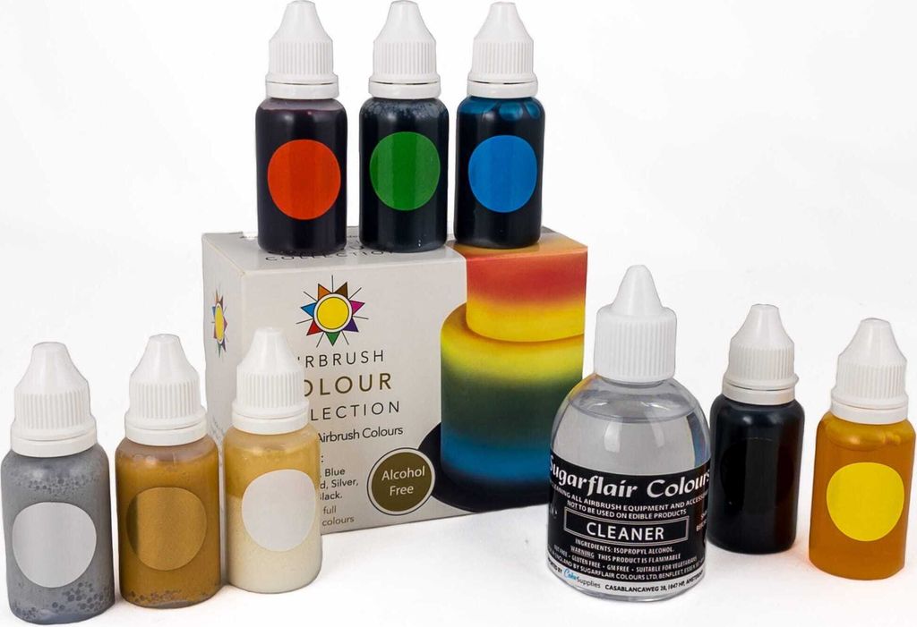 AOS Set | Sugarflair Set Airbrush Farben Alkoholfrei 8x 14ml + Reiniger 1x 60ml