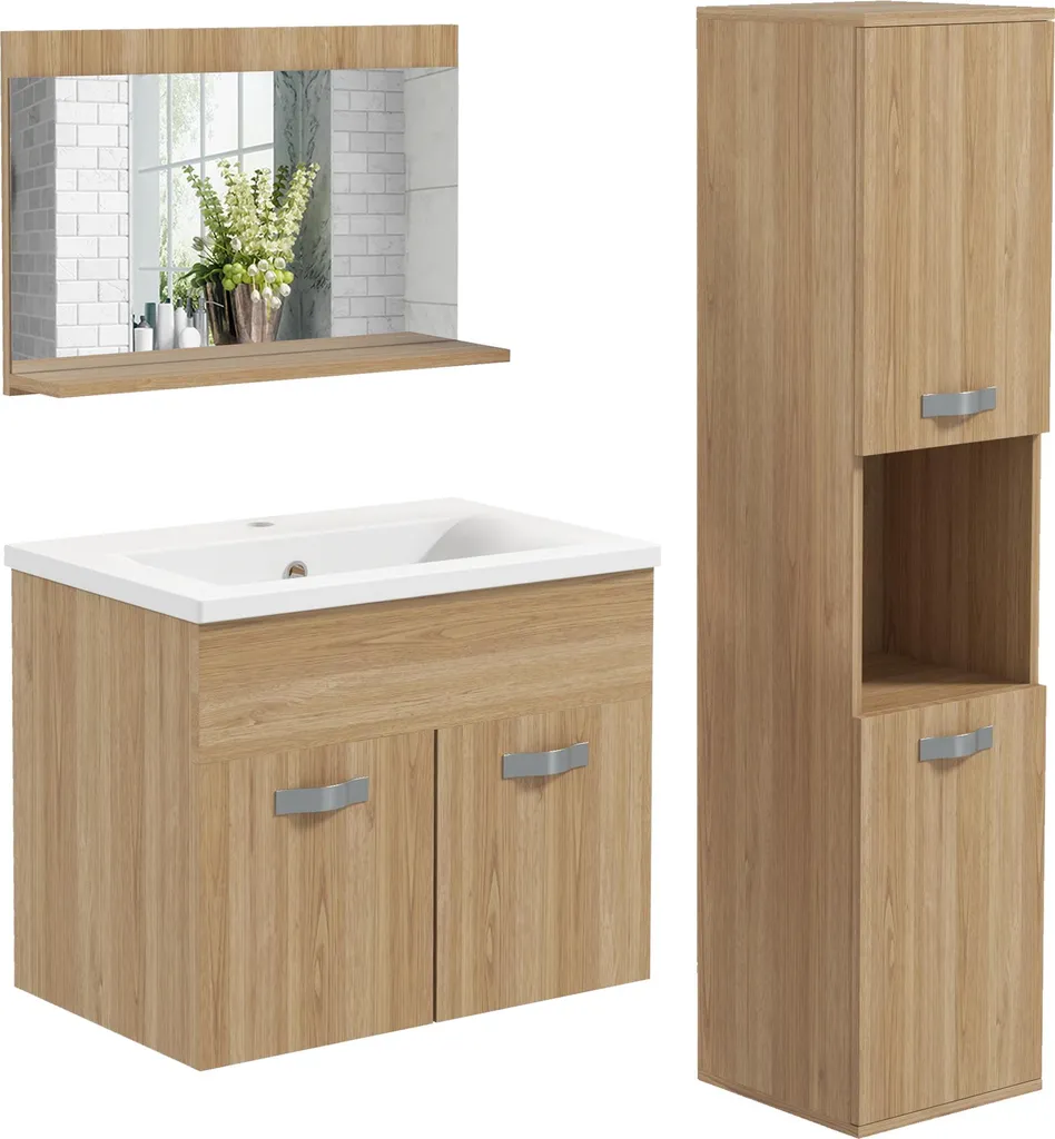 Meuble Vasque Céramique et Armoire Miroir à Étagères Réglables Chêne