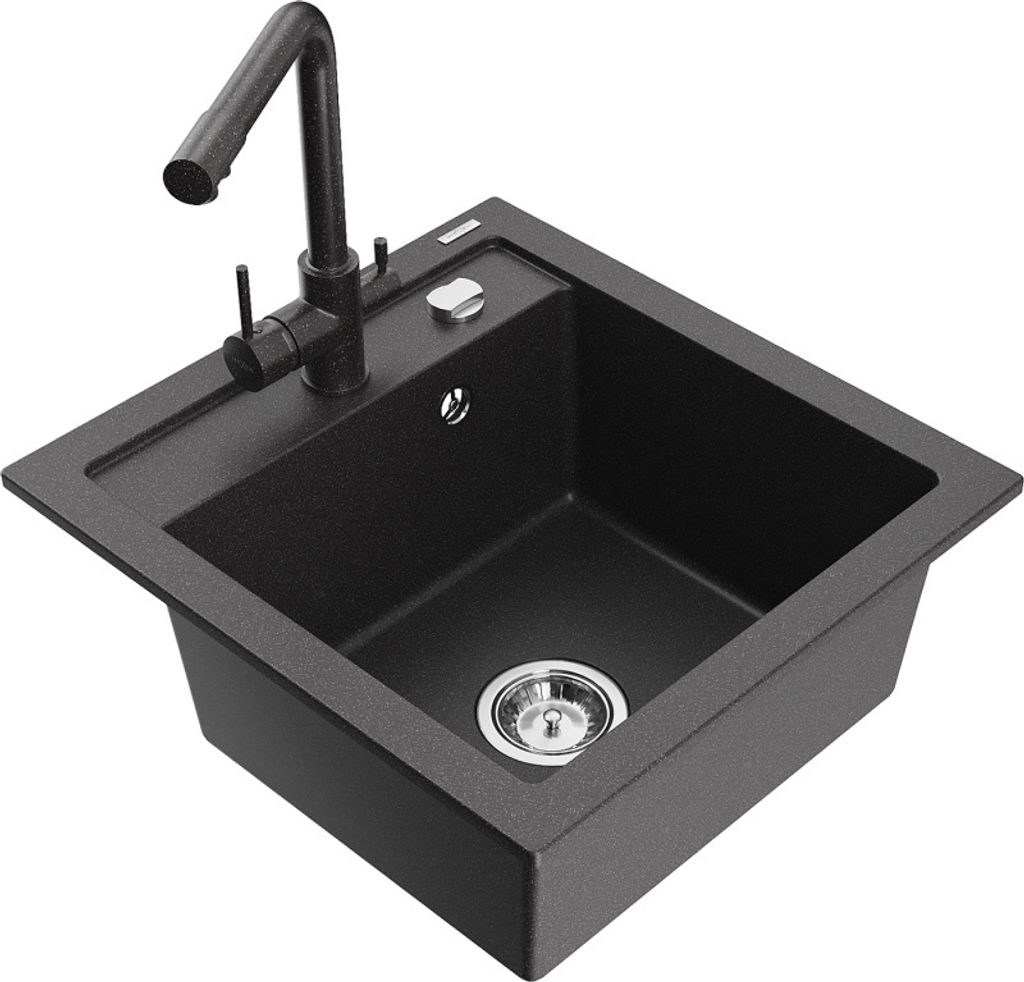 Mexen Vito 1-Becken-Granit-Spüle mit Mischbatterie Duero, Schwarz gesprenkelt - 6503-76-671600-76