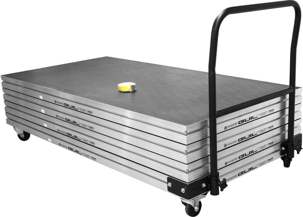 GUIL TM-TR1 Transportsystem Umbausatz für Bühnenpodeste, 300 kg Traglast, 4 Lenkrollen (2 feststellbar), Griff, Spanngurt