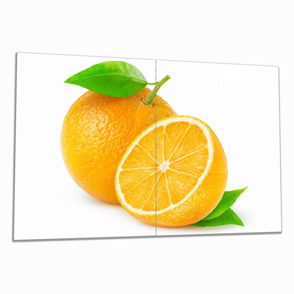 Wallario Herdabdeckplatte aus Glas, Größe 80 x 52 cm 2-teilig, Motiv Saftige Orangen vor weißem Hintergrund