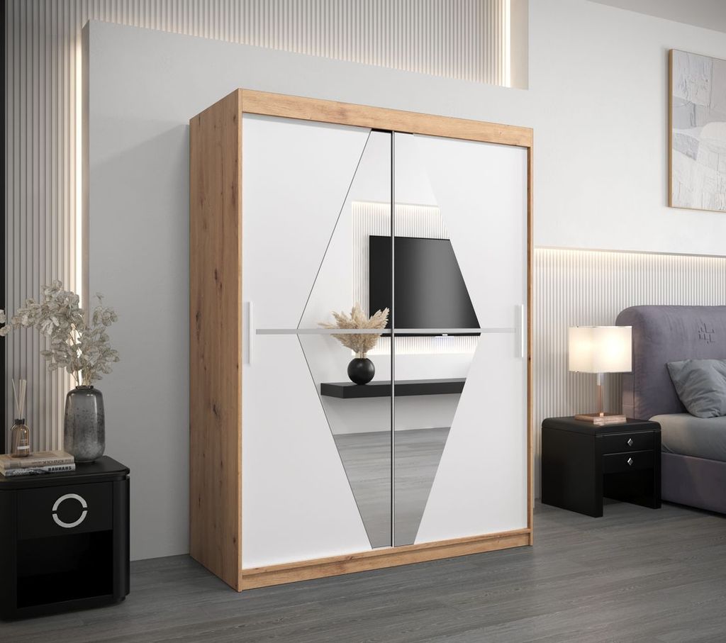 Schwebetürenschrank SARA – Breite 180 cm, Eiche Artisan / Weiß