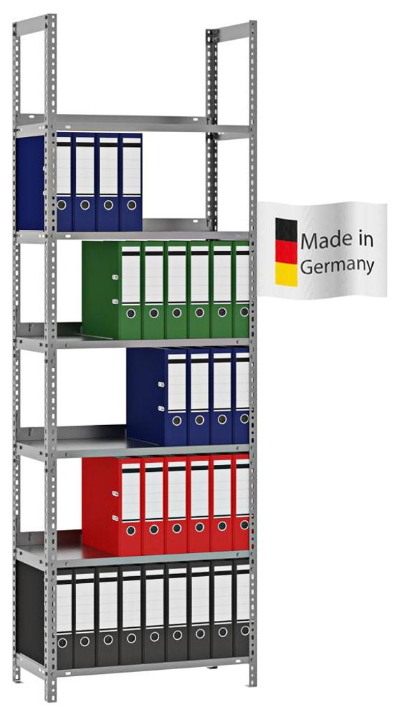 PROREGAL Aktenregal Schraubsystem MAGNUS Germany | HxBxT 220x75x30cm | 6 Ebenen | Fachlast 60kg | Einseitig nutzbar | Verzinkt