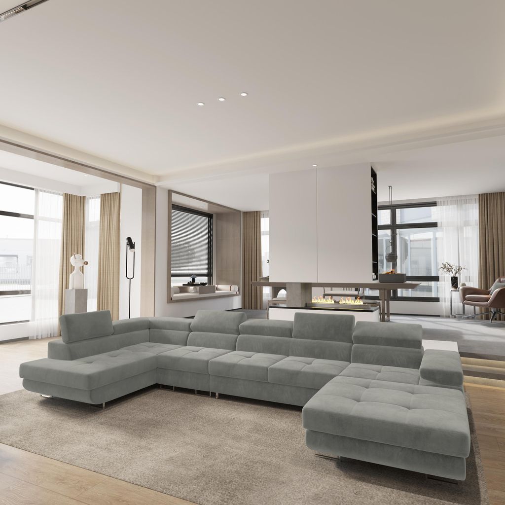 Masseno Ecksofa VELORA L-S mit Schlaffunktion U-Form, Sofa mit Bettkasten, Wohnzimmersofa, Couch, Soffa, Bettsofa, Couchgarnitur- Hellgrau, MONOLIT...
