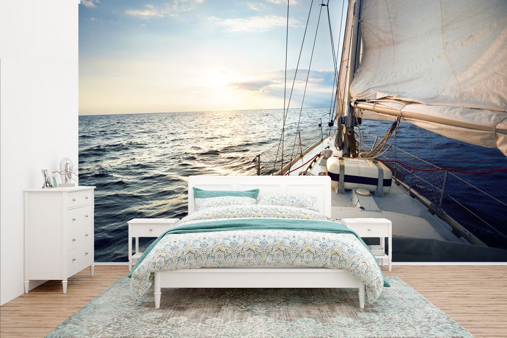 MuchoWow Fototapete für Wohnzimmer oder Schlafzimmer Wandtapete Vinyl Motivtapete Meer - Segelboot - Sonne - 435x260 cm - Kinderzimmer