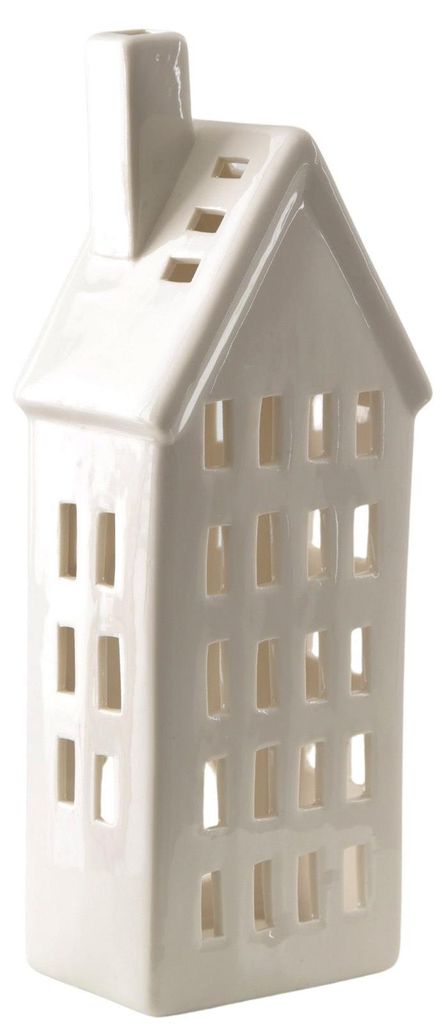 Logbuch-Verlag Windlicht Haus aus Porzellan, weiß glasiert, 26 cm hoch – stilvolle Winter- & Weihnachtsdeko mit Lichtspiel