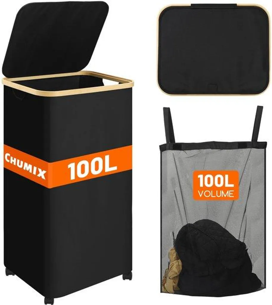 Corbeille à linge XL 100 litres sur roulettes, design noir et bambou