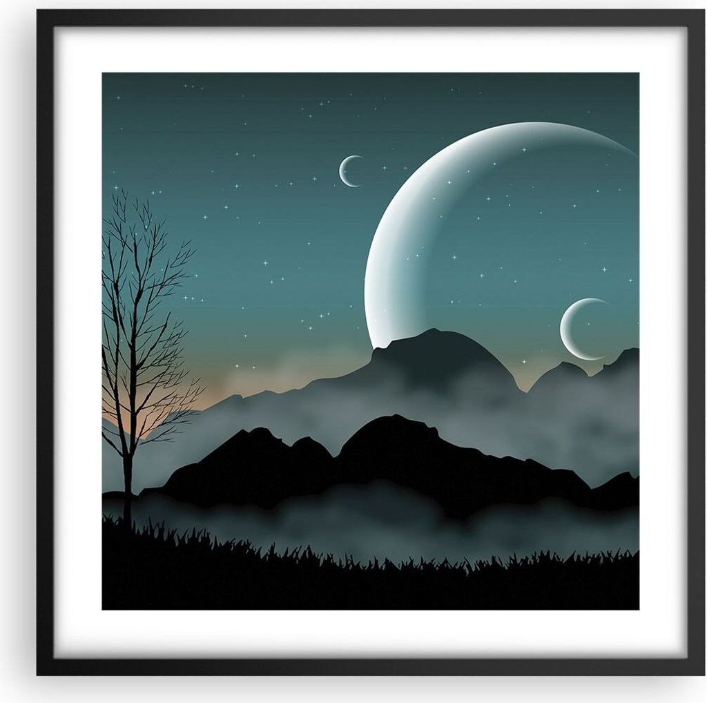 Gerahmtes Poster - Schwarzer Rahmen - Himmel Nacht Illustration - 50x50 cm - Wand Bild - Wanddeko - Wandbilder - Wandposter - Bilderrahmen - Bilder...