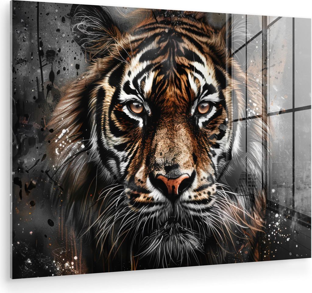 MuchoWow Glasbilder - Bilder auf Wandbild - Foto auf Glas Tiger - Tiere - Porträt - Luxus - Schwarz 80x60 cm Wanddekoration aus Glas - Acrylglasbi...
