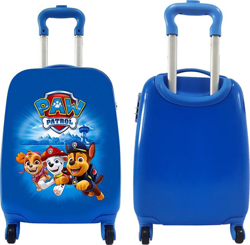 A blue Paw Patrol suitcase shown from the front and back.