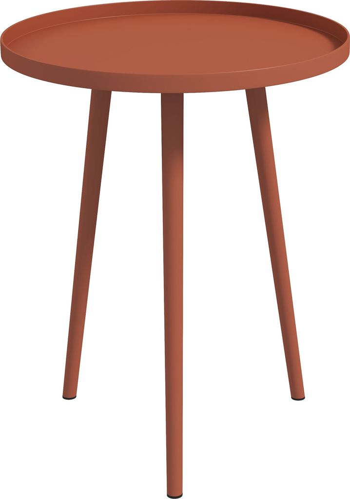 A round, red-brown side table with three legs, shown against a white background.