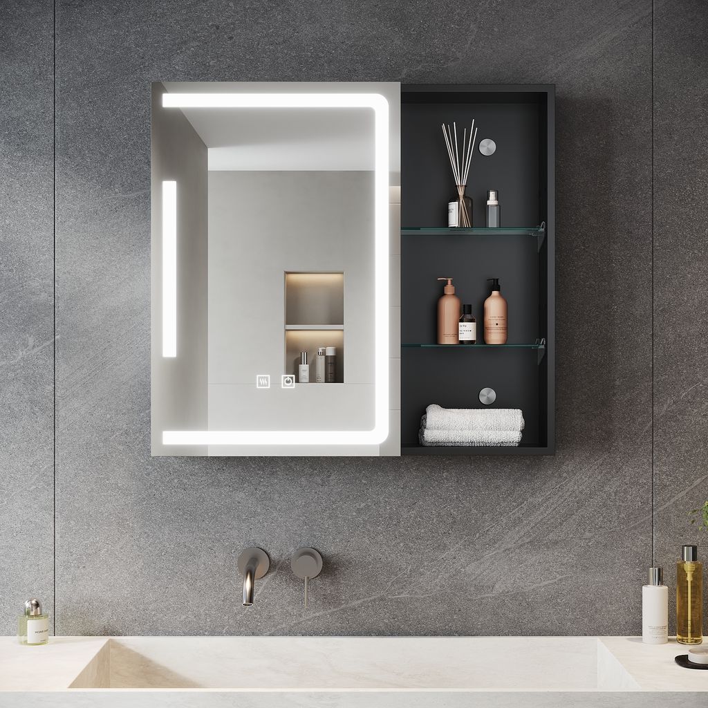 A modern bathroom vanity with a lighted mirror and a medicine cabinet.