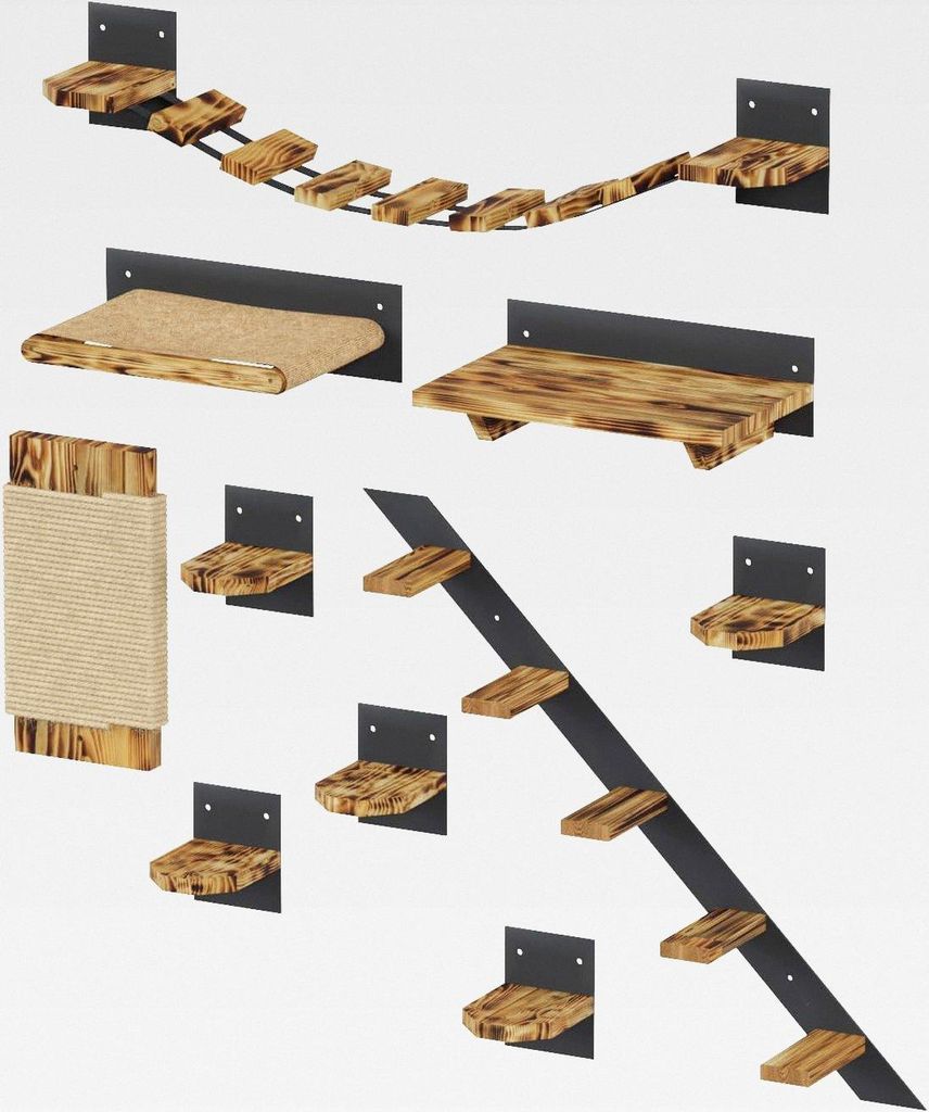 Katzen Kletterwand Set Hängebrüke Katzenbett Katzenregal zur Wandmontage im industriellen Stil aus Holz und Stahl