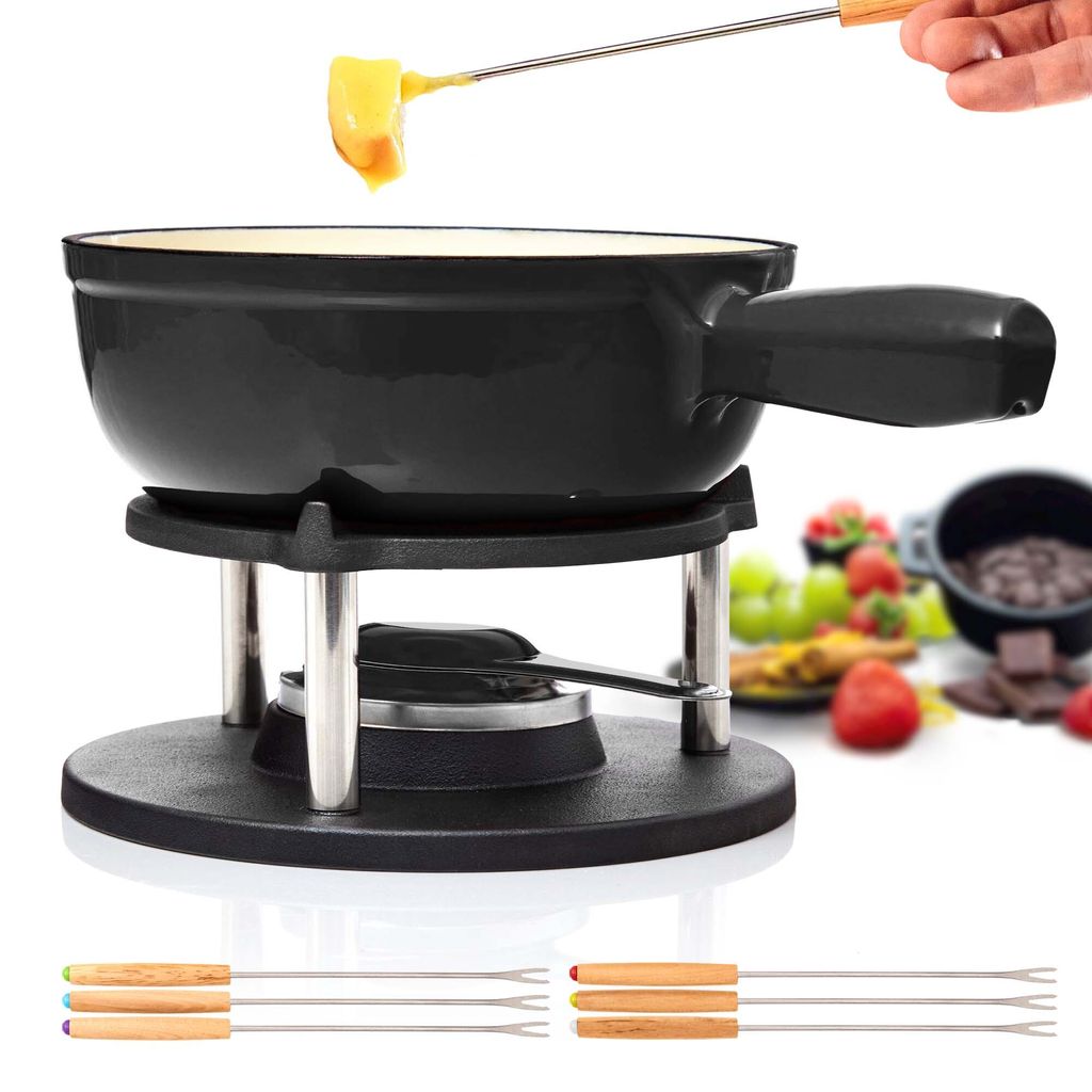 Bonvivre Gusseisen Fondue Set für 6 Personen - 1 Liter - Fondueset 13-teilig mit Brenner und 6 Gabeln - mit Emaille-Beschichtung - geeignet für Käsefondue Schokofondue Fleischfondue Gemüsefondue Bonvivre Gusseisen Fondue Set für 6 Personen - 1 Liter - Fondueset 13-teilig mit Brenner und 6 Gabeln - mit Emaille-Beschichtung - geeignet für Käsefondue Schokofondue Fleischfondue Gemüsefondue