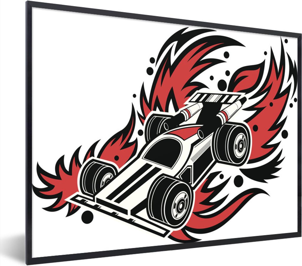 MuchoWow Gerahmtes Poster Eine Illustration eines Formel-1-Rennwagens geht in Flammen auf 40x30 cm - Poster mit Schwarzem Bilderrahmen Wandposter...