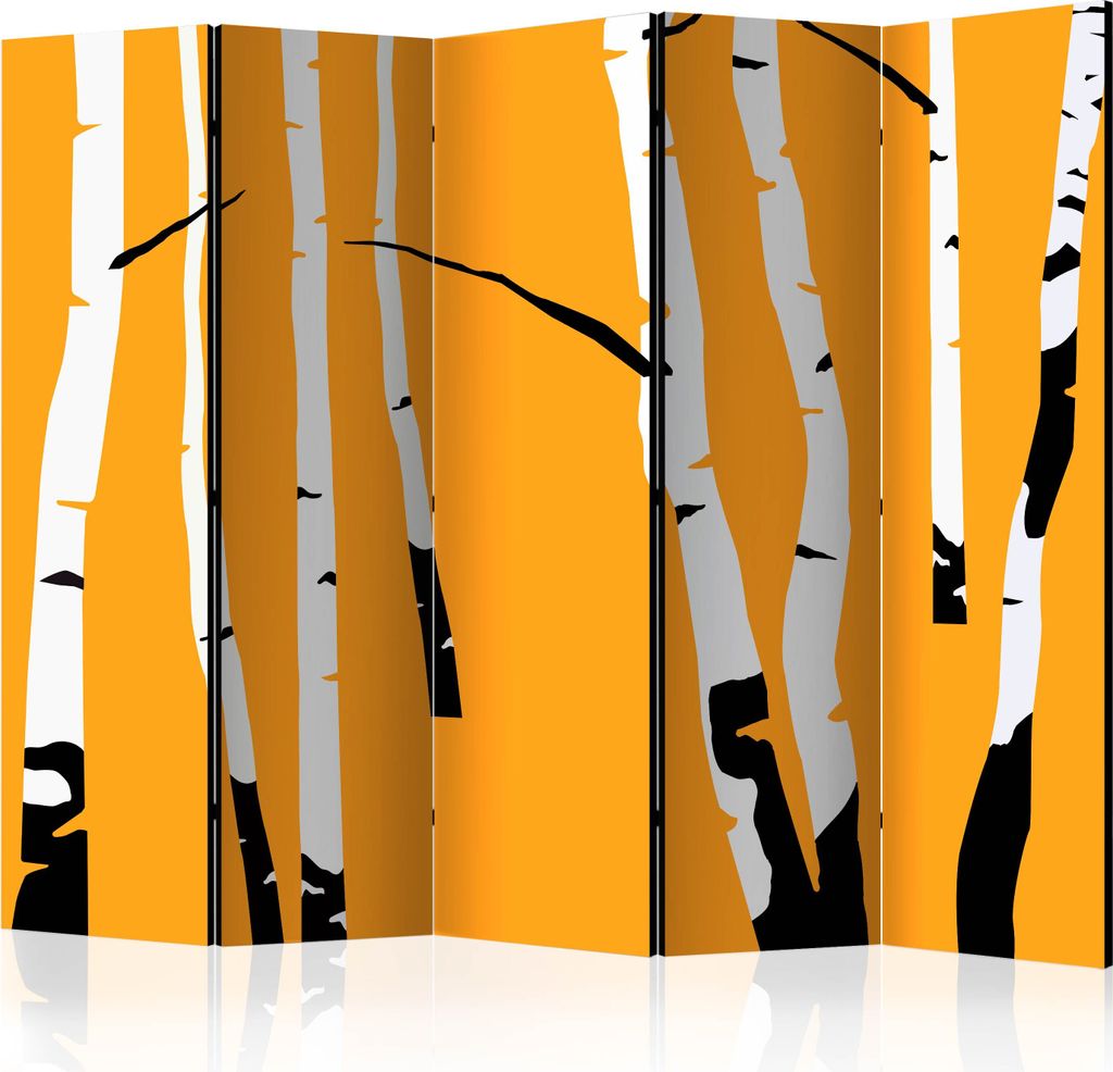 5-teiliger Einseitiger Vlies Paravent - Birches on the orange background II 225x172 cm Landschaften b-C-0443-z-c