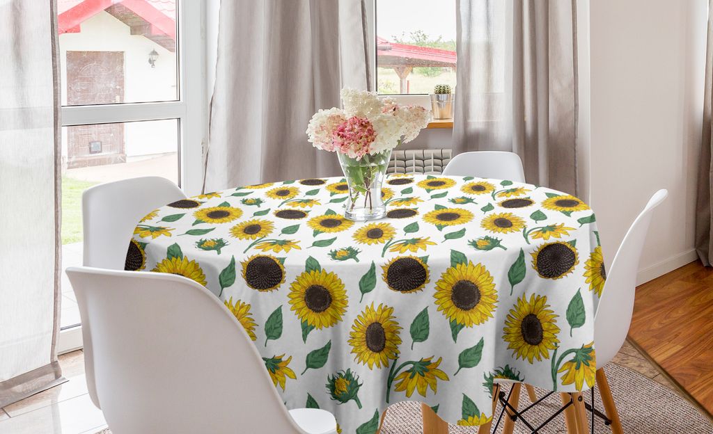 ABAKUHAUS Sonnenblume Runde Tischdecke, Von Hand gezeichnet Blumenkunst, Kreis Tischdecke Abdeckung für Esszimmer Küche Dekoration, 150 cm, Resed...