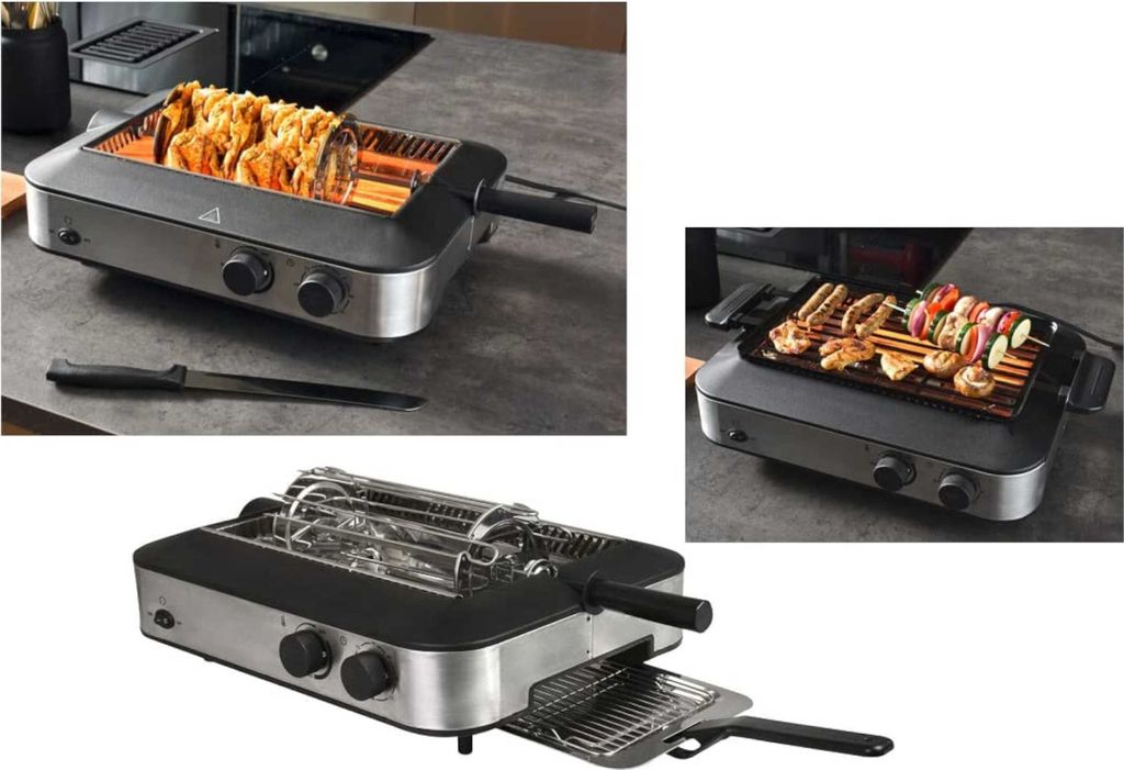 Collage of a multi-kebab grill in different configurations and close-ups.