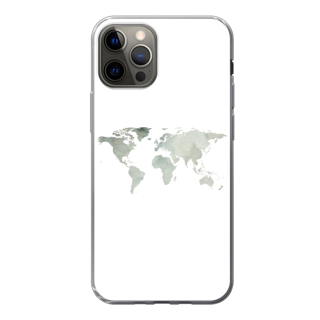 MuchoWow Handyhülle Schutzhülle Hülle für iPhone 13 Pro Weltkarte - Grün - Grau Silikon Softcase Handy Hülle - Handy-Tasche