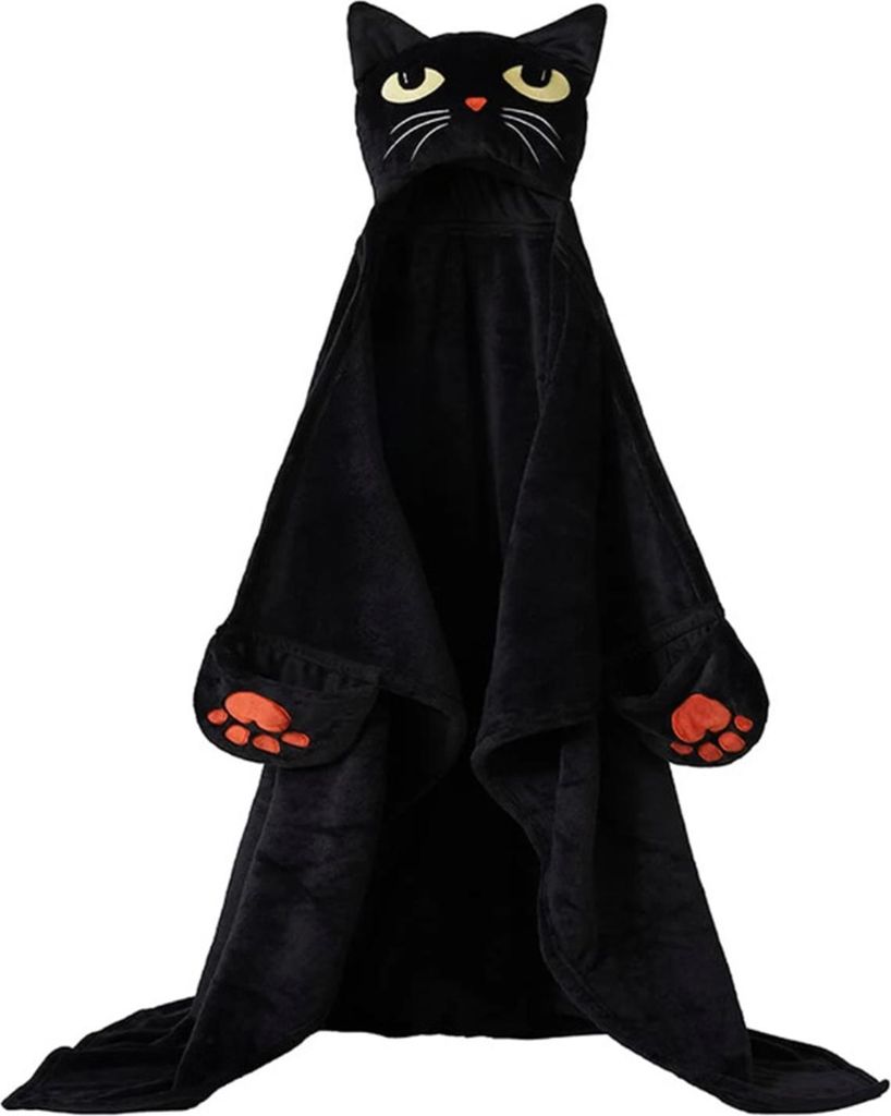 Tragbare Halloween-Kapuzendecke für Erwachsene, weicher Flanell-Kapuzenumhang mit Tasche, Kürbis-Schwarze-Katze-Cosplay-Kostüm für Halloween-Pa...