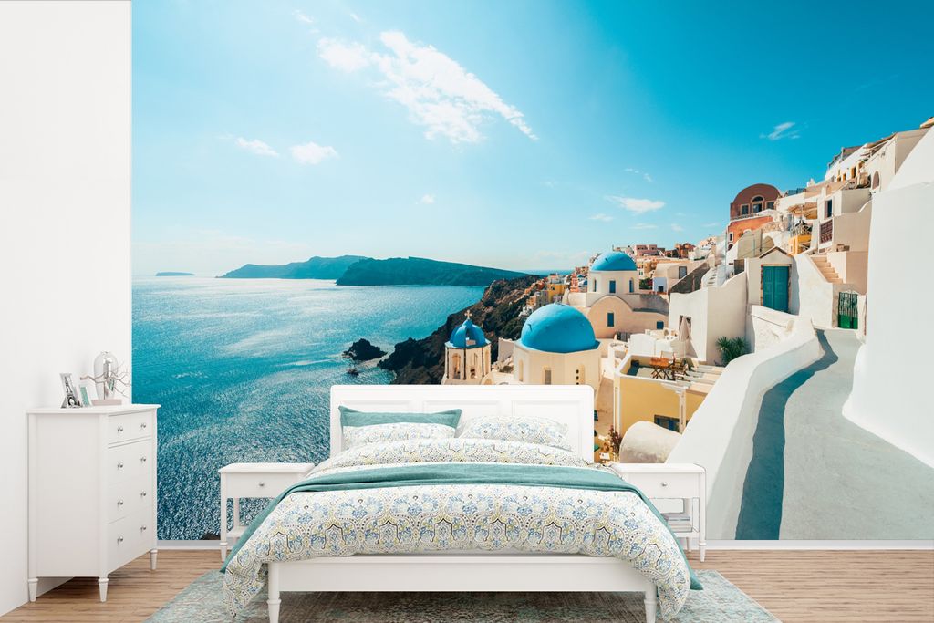 MuchoWow Fototapete für Wohnzimmer oder Schlafzimmer Wandtapete Vinyl Motivtapete Nachmittag in Santorini Griechenland - 525x350 cm - Das Hinter...