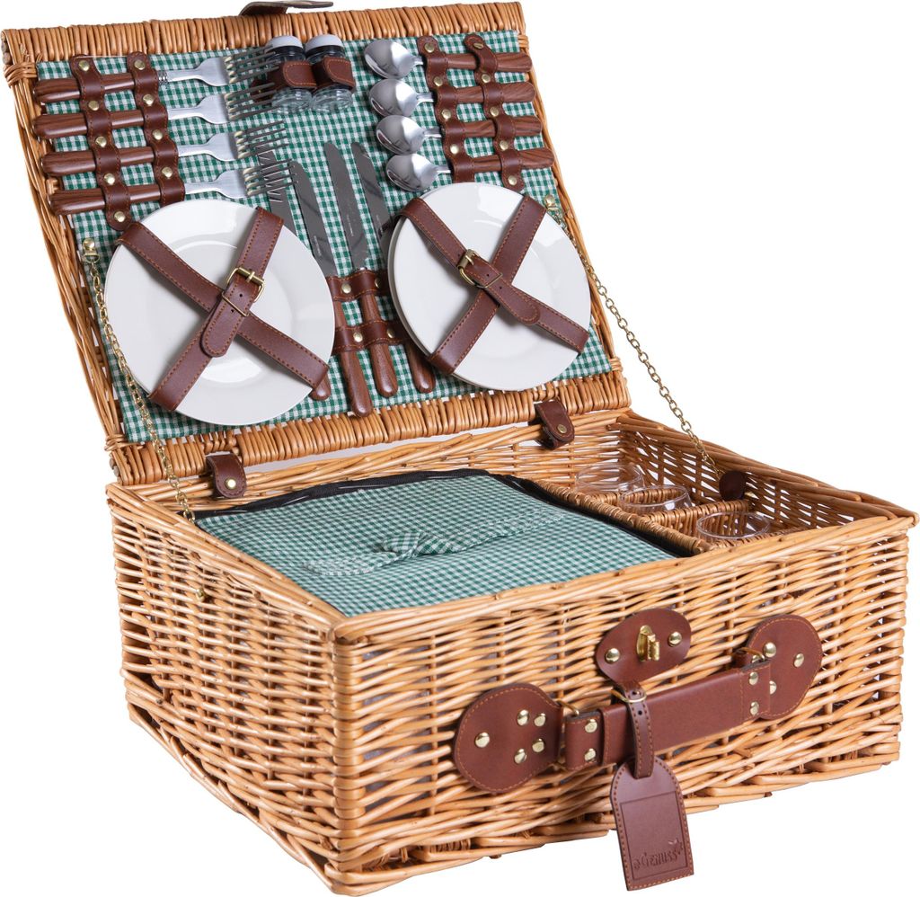 Weidengeflecht Picknickkorb mit Kühlfach & Zubehör-Geschirr, Besteck, Weingläser - Geschenkidee für Camping, Outdoor & Familie | Für 4 Persone...
