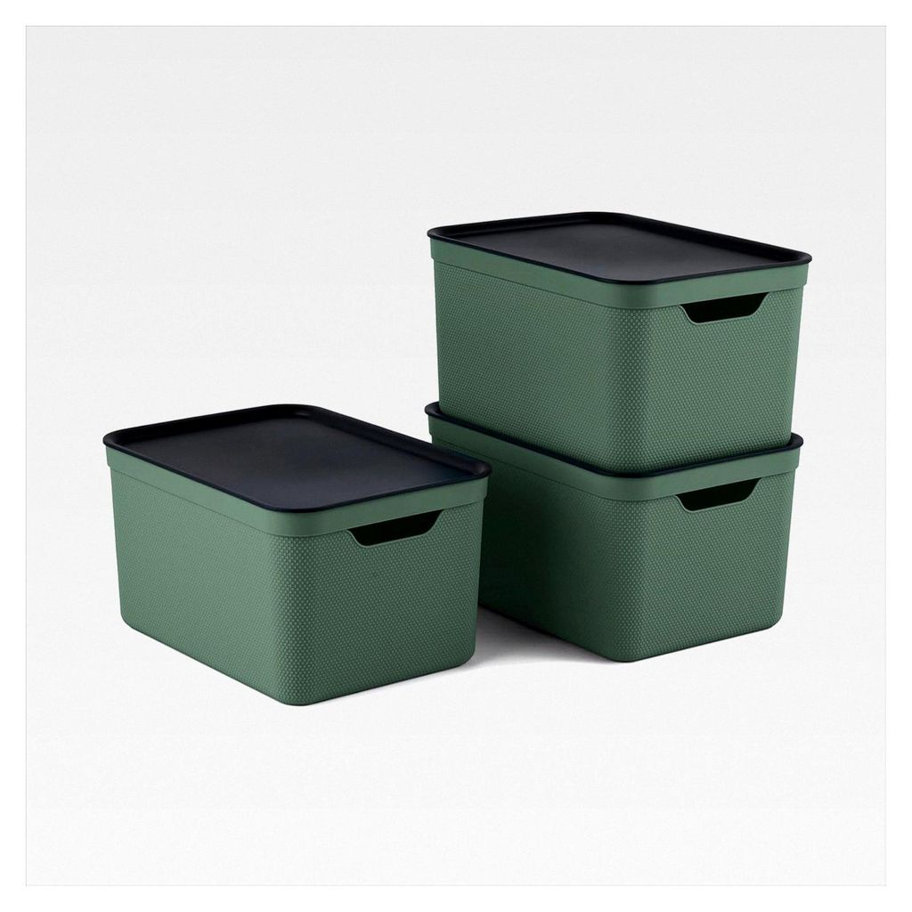 Jive Aufbewahrungsboxen 3er-Set 16l mit Deckel, Kunststoff (PP recycelt), grün/anthrazit, 3x16l (37,5 x 27,8 x 29,8 cm)