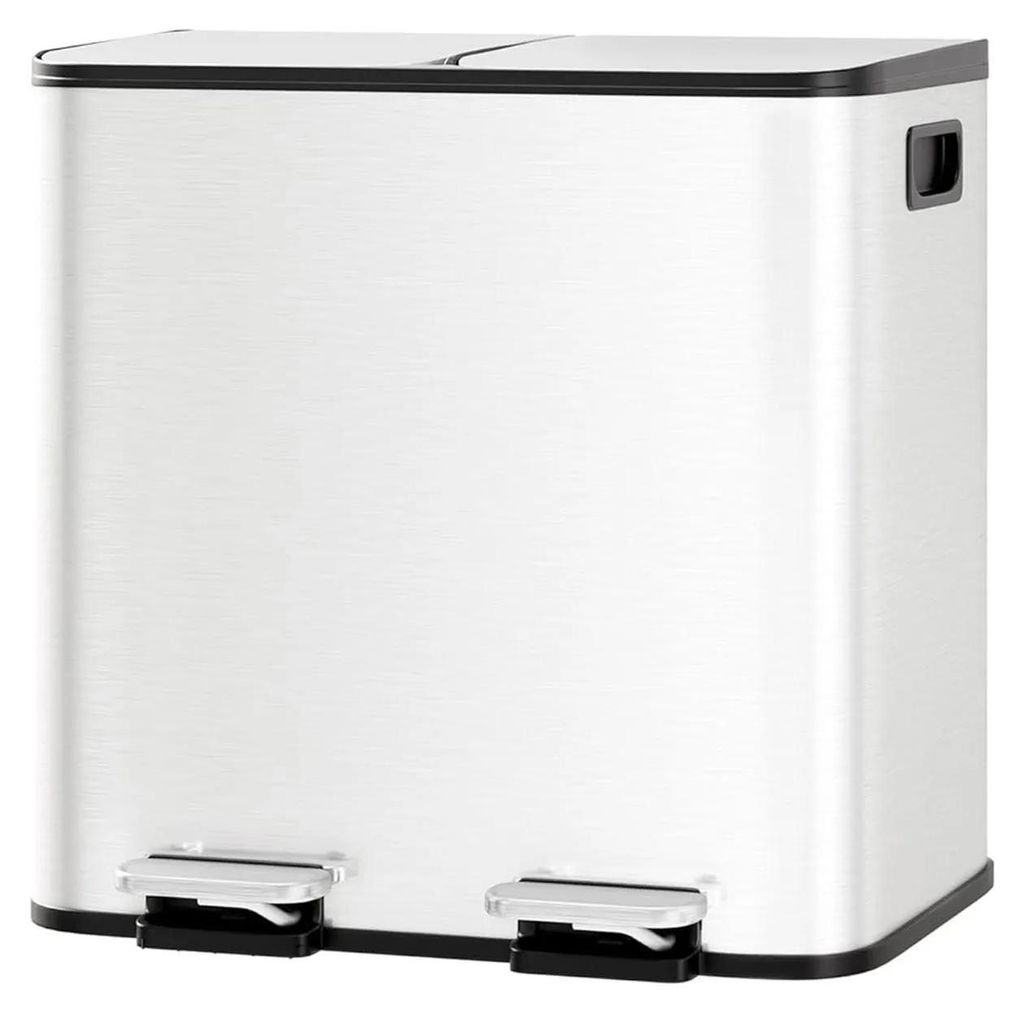 Doppel-Mülleimer - Küchen-Abfall- & Recyclingbehälter - 2x15 l (30 l) - Edelstahl - Zwei Fächer - Drucköffnung mit Deckel - Weiß
