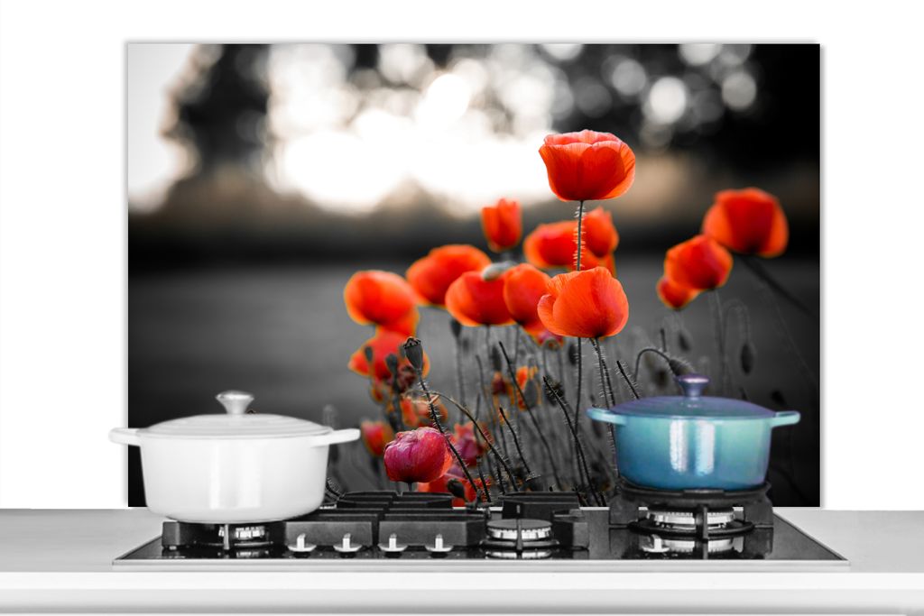 KitchenYeah Spritzschutz Küche - Küchenrückwand - Wandschutz für Herd und Spüle - Wilde rote Mohnblumen auf einem großen Feld mit schwarze...