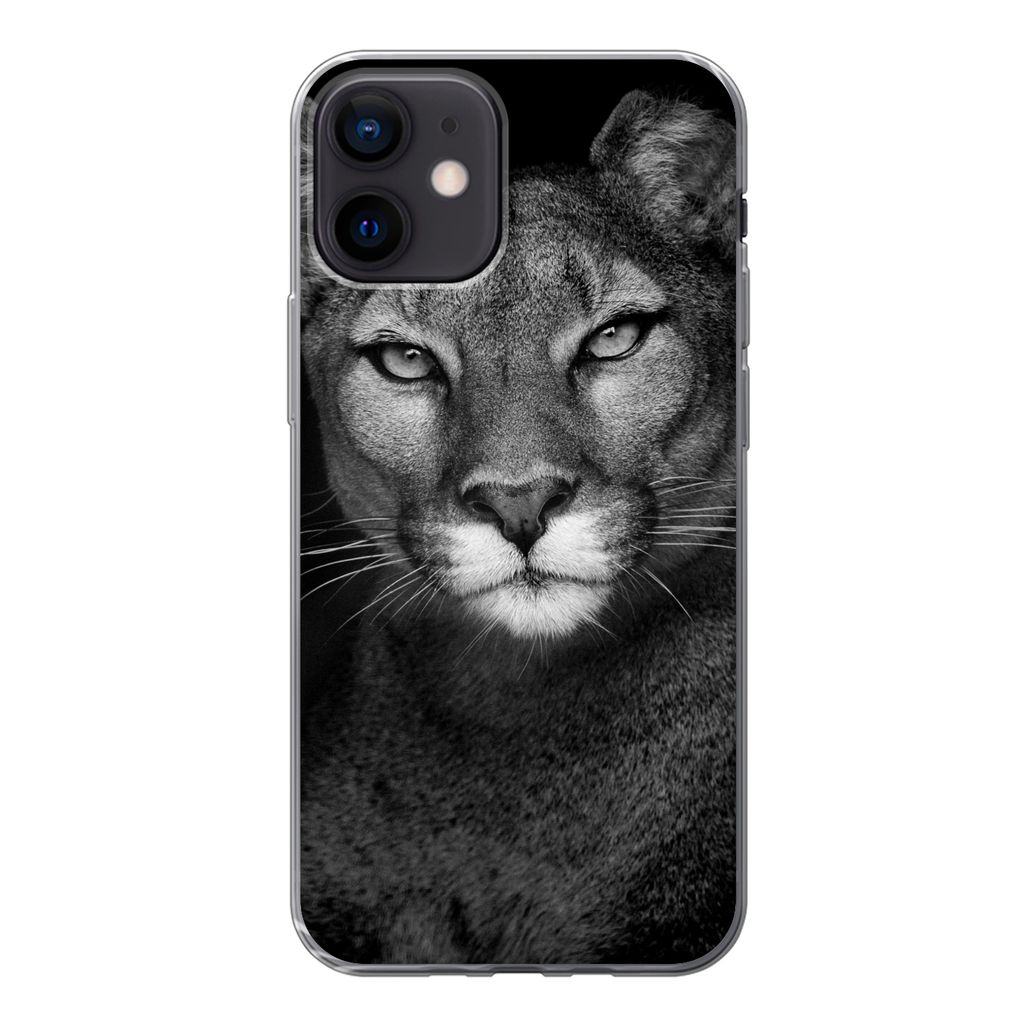 MuchoWow Handyhülle Schutzhülle Hülle für iPhone 12 Porträtfoto eines Pumas auf schwarzem Hintergrund Silikon Softcase Handy Hülle - Schutz...