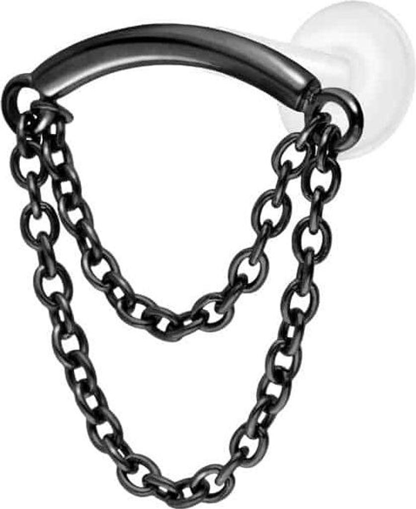 Ohrpiercing, Nasenpiercing PTFE Labret mit Innengewinde + Titan-Aufsatz BOGEN + 2 KETTEN Schwarz Stablänge: 6mm | Stabstärke: 1,2mm