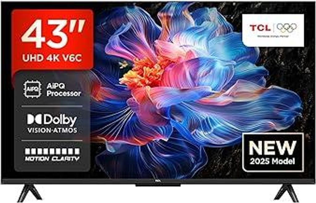 TCL 43V6C 43 Zoll 4K UHD Smart Fernseher – HDR10+, HVA-Panel, Dolby Vision, Google TV, HDMI 2.1, DVB-T2/C/S2, Bluetooth 5.2, Sprachsteuerung mit ...