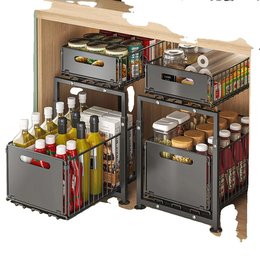 Lot de 2 Etagères Coulissantes pour Placard Cuisine, Double Niveau