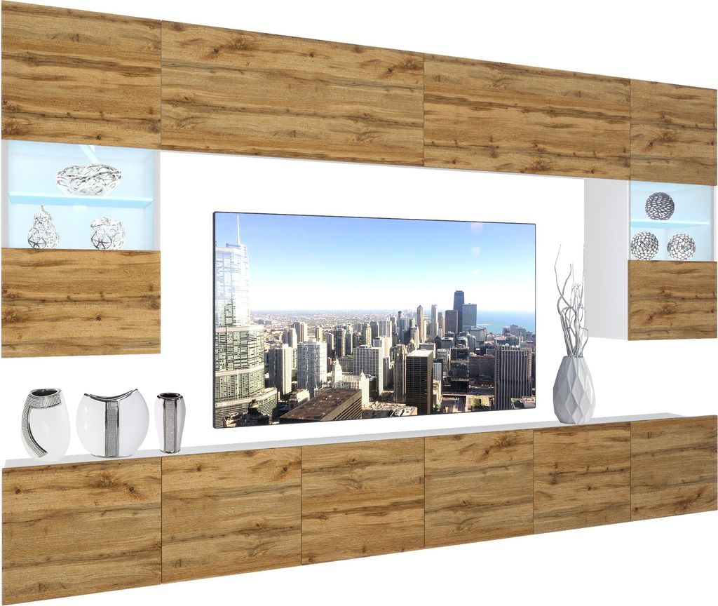 BELINI Wohnwand Vollausstattung Wohnzimmer-Set Moderne Schrankwand mit LED-Beleuchtung Weiß Glänzend Anbauwand TV-Schrank Wotan-Eiche Matt