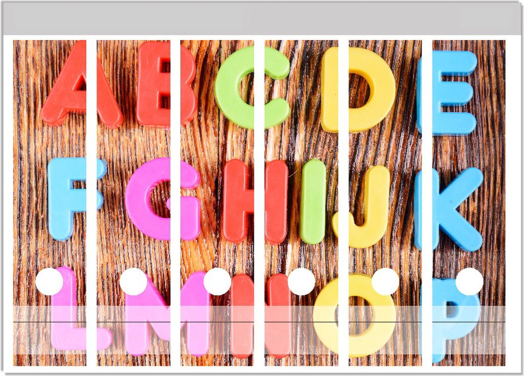 Wallario Ordnerrücken Sticker, selbstklebend für breite Ordner, 6 Stück, Motiv Bunte Buchstaben - Alphabet auf Holz