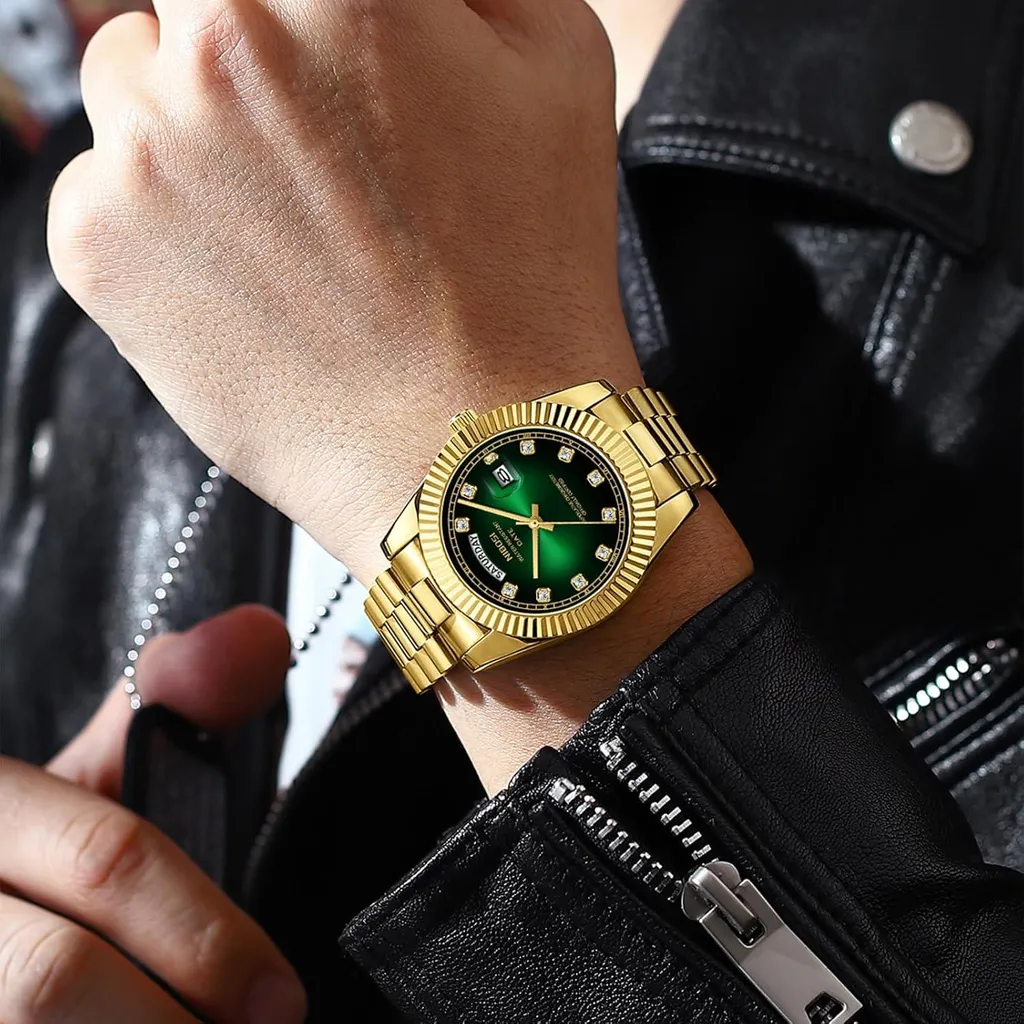 NIBOSI Orologio Da Uomo Analogico Lusso | Quadrante Verde Con Diamanti E Numeri Romani | Impermeabile 3 ATM - 6