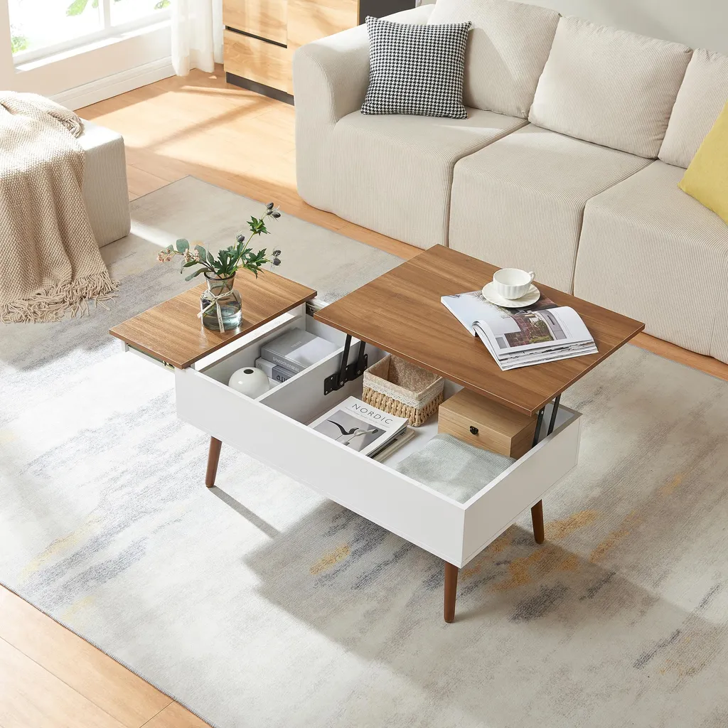 Table basse Flesen avec plateau bicolore blanc et noyer 92 x 52 cm