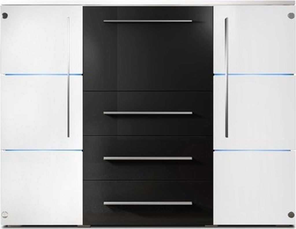 Kommode, BARY, Schrank , LED Beleuchtung, Schubladenkommode mit Türen (Seitentüren (Glas) Weiß + Mitte Schwarz)
